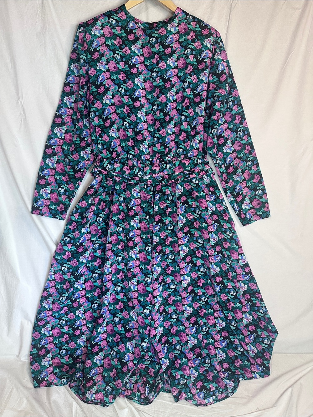 Vintage EJM Ltd Floral Maxi Dress Shoulder Pads Belted Plus Size 18 Purple Teal